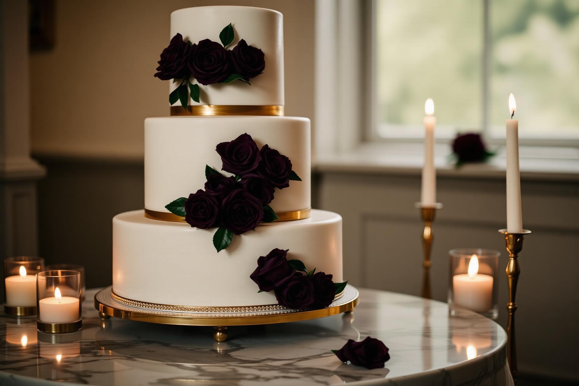 Elegant tiered wedding cake with deep plum roses and gold leaf